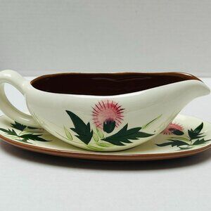 Vintage Stangl Thistle (Pink Thistle) Gravy Boat & Underplate Discontinued MCM